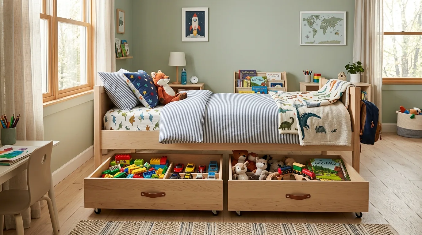 Under-bed drawers storing toys in a child's room